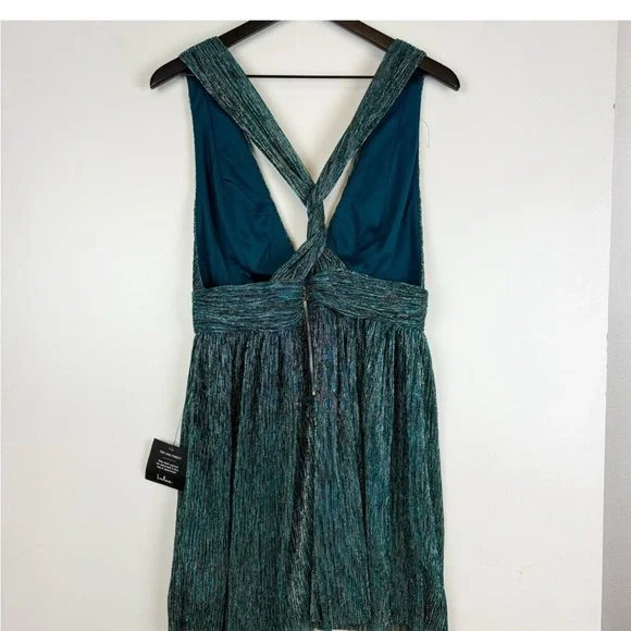 NWT Lulus Teal Blue Gold Shimmer Mini Skater Dress - Size L - Picture 3 of 6